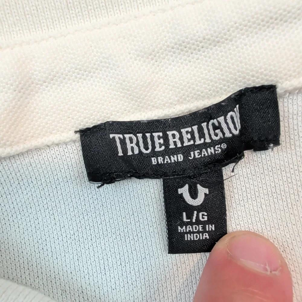 True Religion Y2K Damask Polo Shirt L Off White Horseshoe Tape Streetwear Mens